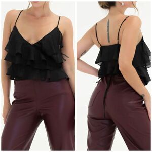 NWT Rumored Tango Tank Black Shimmer Ruffled Women's Adj. Straps, Size L